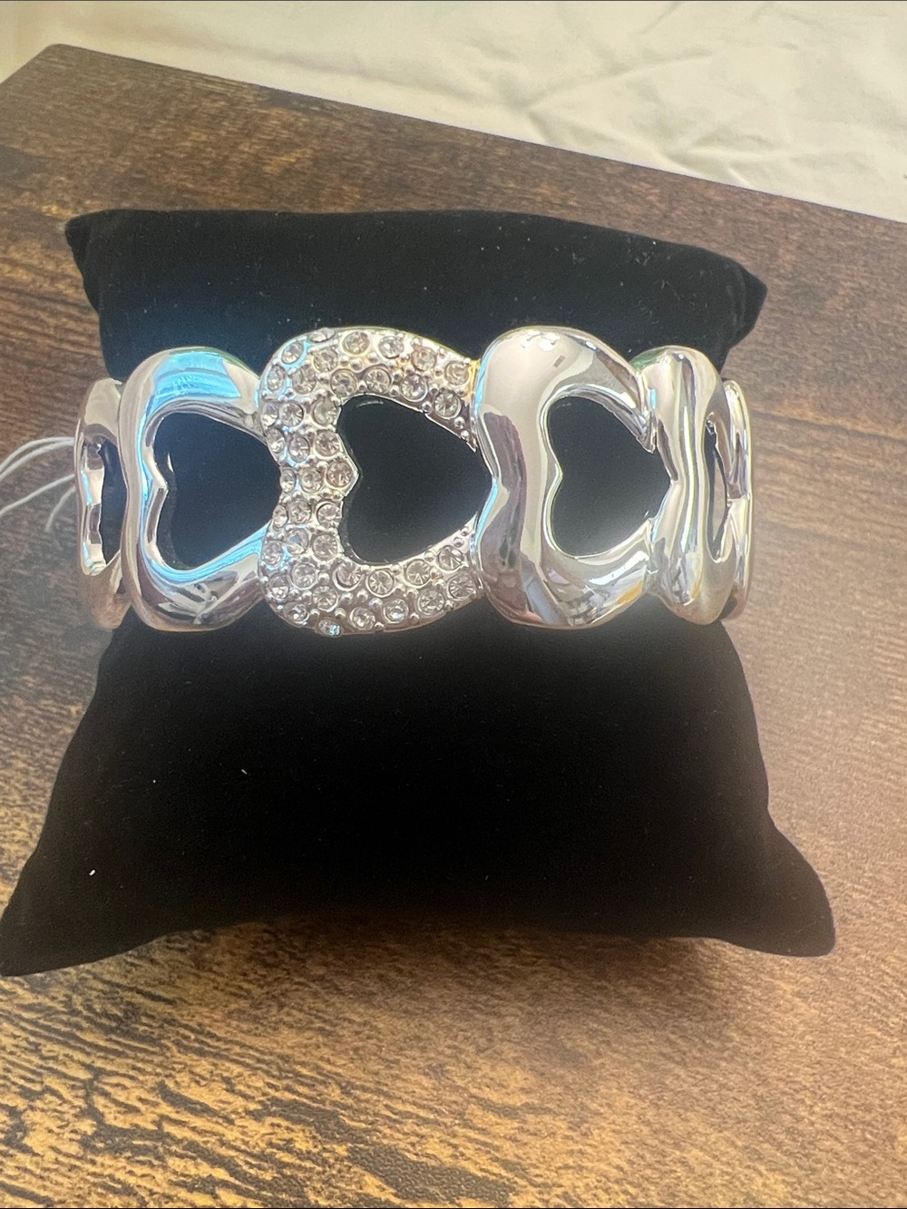 Statement Silver Heart Link Hinged cuff Bracelet with Crystal Accent